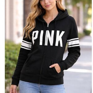 Victoria’s Secret PINK Black Zip Hoodie Jacket XS Varsity Logo